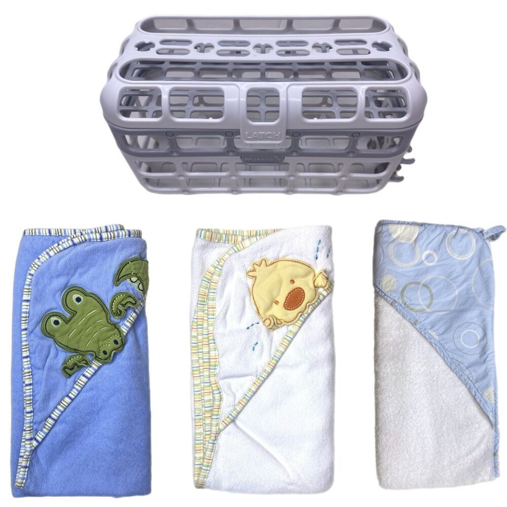 Munchkin Dishwasher Basket for Baby Bottles and 3 Hooded Baby Towels